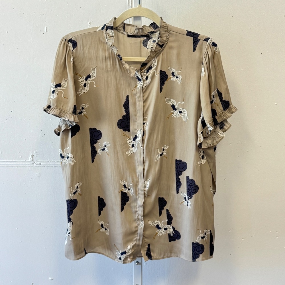 T Tahari Crane Cloud Print Ruffle Collar Button Front Blouse Top XL Beige Casual